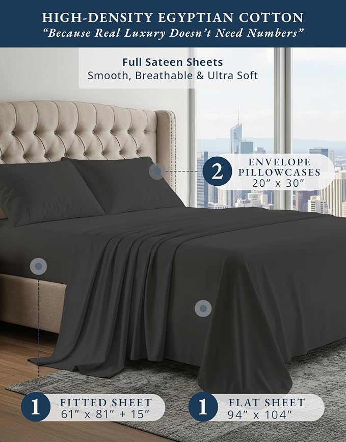 LANE LINEN Pink Sheets Full 100% Egyptian Cotton Sateen - Black | White Sheets Full - 4-Piece Set, For A Luxurious Night's Sleep, For Guests And Everyday Use, Refreshes A Guest Room