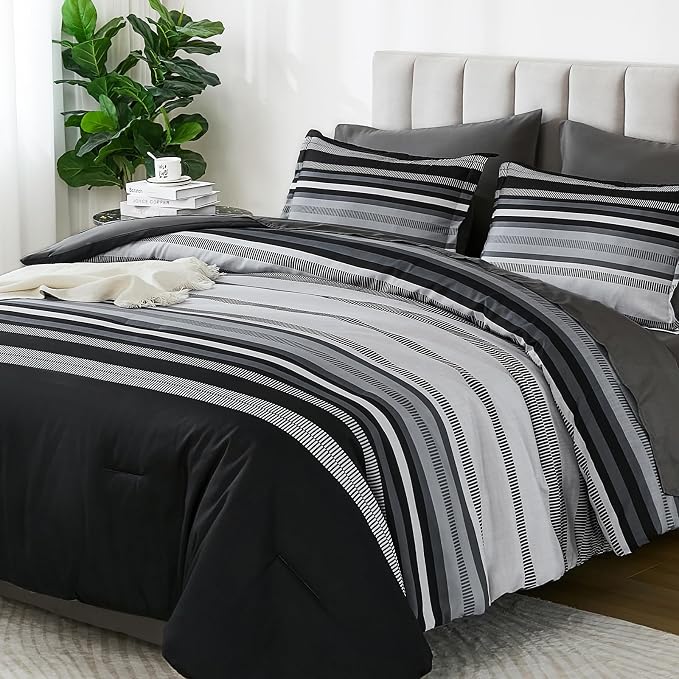 Dobuyly Black Comforters Queen Size Set 7 Pieces, Boho Striped Grey Bed in a Bag Queen Soft Microfiber Bedding Set with Comforter, Sheets, Pillowcases & Shams All Season