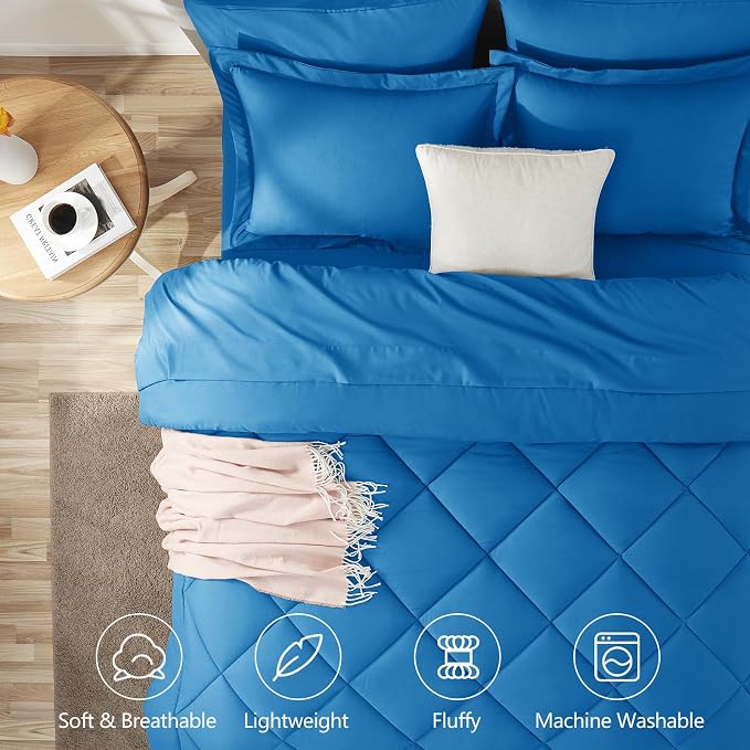 Oversized King Comforter Set Royal Blue - 7 Pieces Bed in a Bag | OEKO-TEX Certified, All Season, 240GSM Down-Alternative Comforter, Sheets, Pillowcases & Shams, 14" Deep Pocket, Easy Care