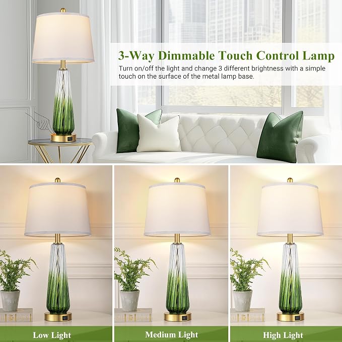 Modern Glass Table Lamps Set of 2, 27.5" Bedside Lamp for Bedroom, Green | 2 LED 3-Way Dimmable Bulb Included, Touch Control, USB A+C Charging Ports, Living Room Nightstand Lamp, Gradient Glass, 2700K
