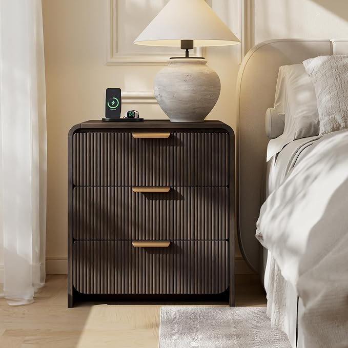 24" 3 Drawers Fluted Nightstand, Black Walnut | 3 Drawers Bedside Table, Metal Handles & Charging Station, Curved Profile End Table for Bedroom
