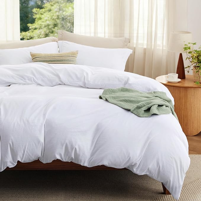 Bedsure Prewashed Duvet Cover King with Fitted Sheet, 4Pcs, Bright White | 4-Piece Set, 15-Inch Deep Pocket, Ultra Soft, Relaxed Texture, Breathable, Zipper Closure, 8 Corner Ties, Easy Care