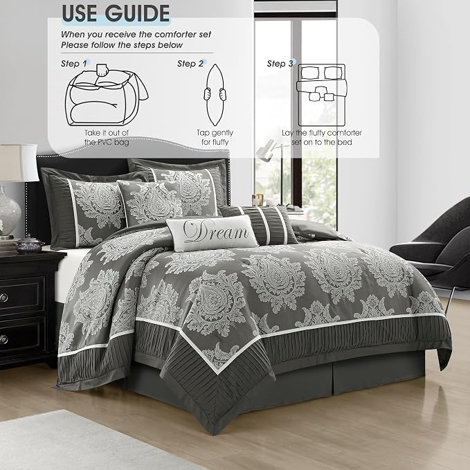 Grey King Size Comforter Set 7 Pieces, Jacquard Woven with Damask, Bedding Set in a Bag Includes Comforter, Bed Skirt, Pillow Shams, and Decorative Pillows