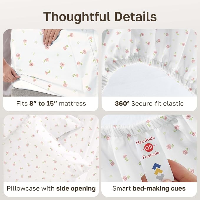 California Design Den Soft 100% Cotton Sateen Twin Size Sheet Set, 3 Pcs | 400 Thread Count Backed by Good Housekeeping Seal, All-Around Elastic, Durable, Easy Care - Soft Floral Print