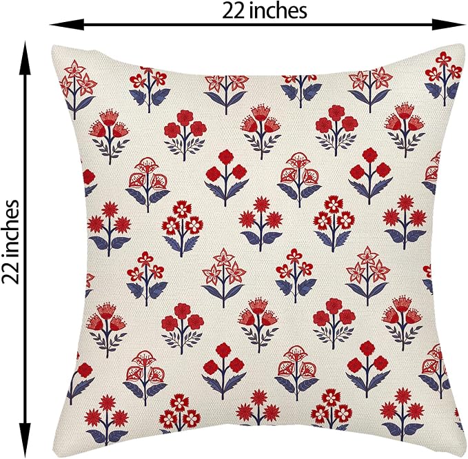 4th of July Pillow Covers 22x22 Inch 2 Pcs Red Blue Block Print Vintage Floral Patriotic Outdoor Decor Throw Pillows Memorial Day Holiday Decoration Pillowcase Linen Cushion Cover for Couch