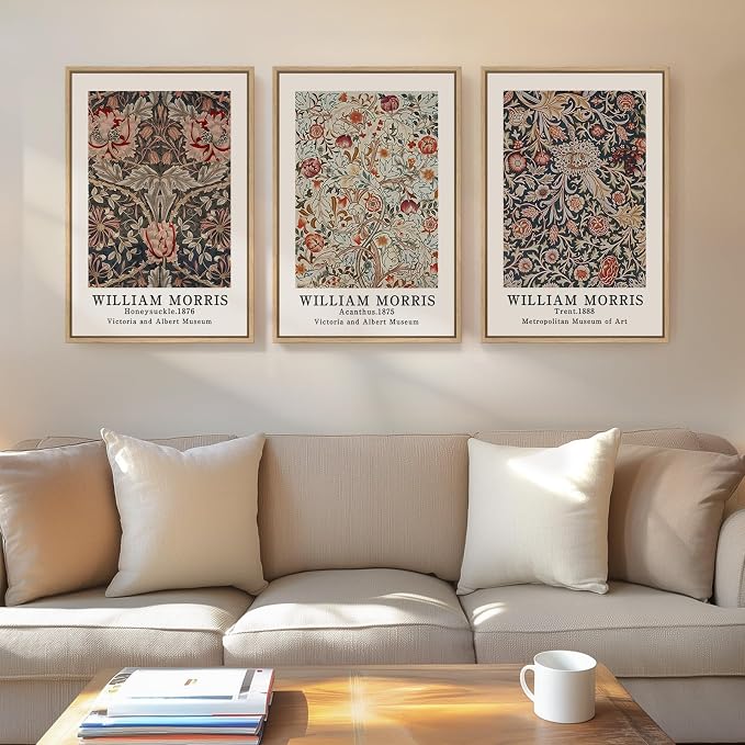 Framed Boho William Morris Floral Canvas Wall Art for Living Room, 3 Piece | Vintage paintings, Rustic farmhouse, Botanical artwork, 16x24 inch, Bedroom, Hallway, Office decor