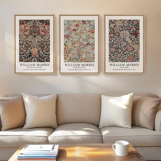 Framed Boho William Morris Floral Canvas Wall Art for Living Room, 3 Piece | Vintage paintings, Rustic farmhouse, Botanical artwork, 16x24 inch, Bedroom, Hallway, Office decor