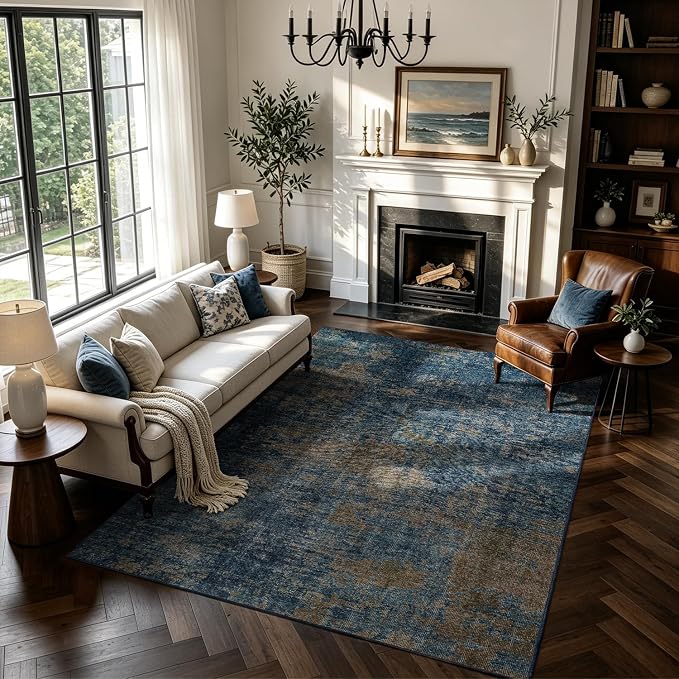 8x10 Washable Area Rug for Living Room,Bedroom,Dining Room,Nursery,Playroom | Ultra Soft,No Creases,Stain Resistant,Non-Slip,Non-Shedding,Machine Washable,Blue Brown Low Pile Carpet for Home Office Decor