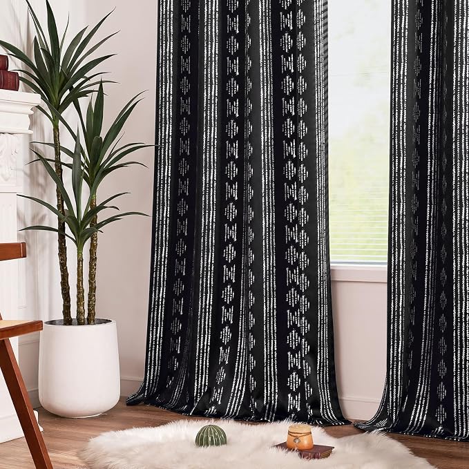 jinchan Boho Blackout Curtains 63 Inch Length for Bedroom Living Room | Silver on Black Geometric Foil Printed Grommet Curtains Room Darkening Thermal Insulated Window Treatments 2 Panels