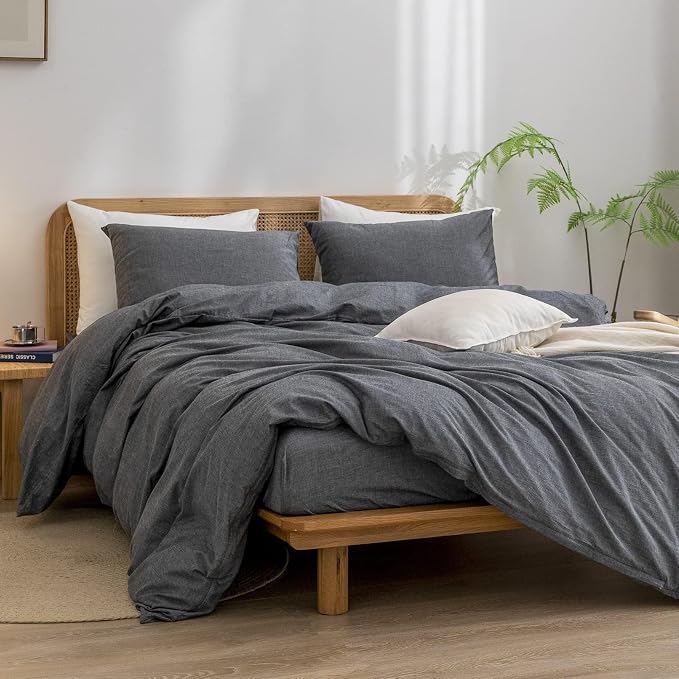 BESTOUCH Cotton Solid Duvet Cover Set Linen Feel Dark Black Alaska King | 100% Washed Cotton, Soft Wrinkle Texture, Hidden Zipper, 8 Ties, Breathable Lightweight Durable Comfy, 3 Pcs No Insert
