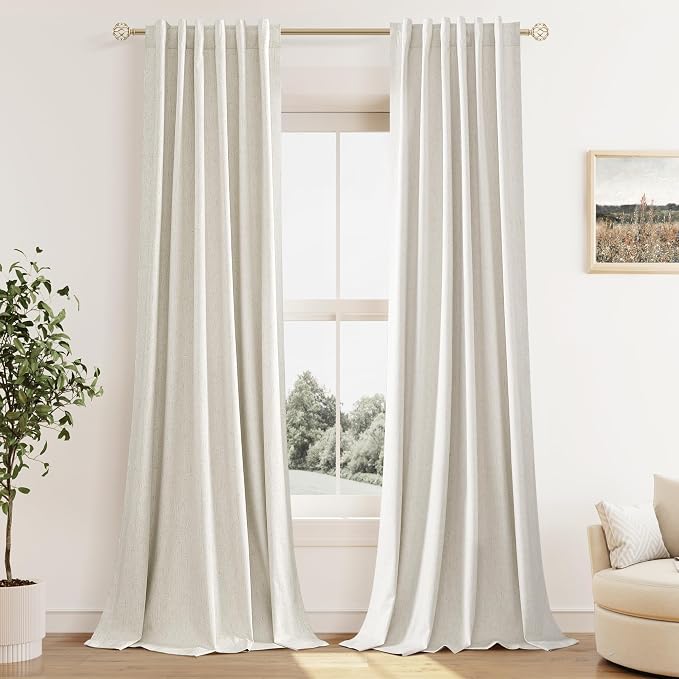 Extra Long 100% Blackout Linen Curtains for Bedroom 105 Inches Long Natural Cream Black Out Curtain Back Tab Thermal Insulated Room Darkening Window Drapes for Living Room 2 Panels Beige Ivory 52x105