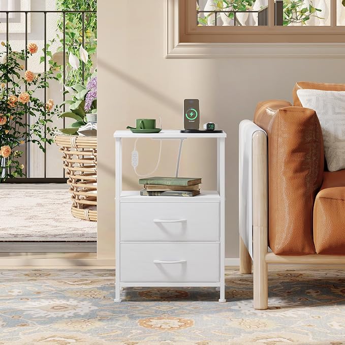 Somdot Nightstand with 2 Drawers, Charging Station & LED Light | Fabric-Bin Dresser for Bedroom, Bedside, Kids Room, Dorm, Closet, Laundry and Entryway, White