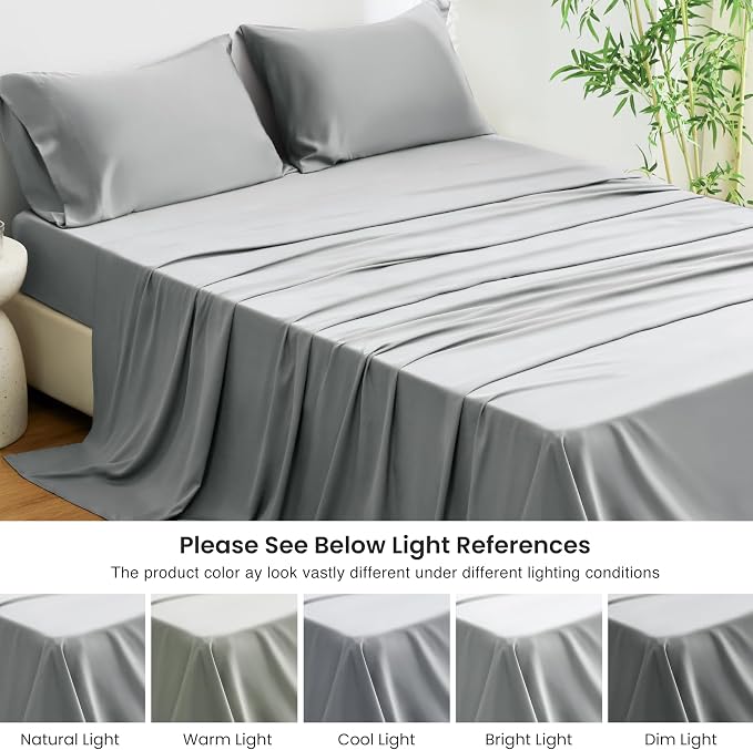 Love's cabin 4 Piece Queen Sheet Set, 100% Rayon Derived from Bamboo, Cooling & Breathable, Soft Silky Deep Pocket up to 16", Hotel Luxury Bedding for Hot Sleepers, Light Grey