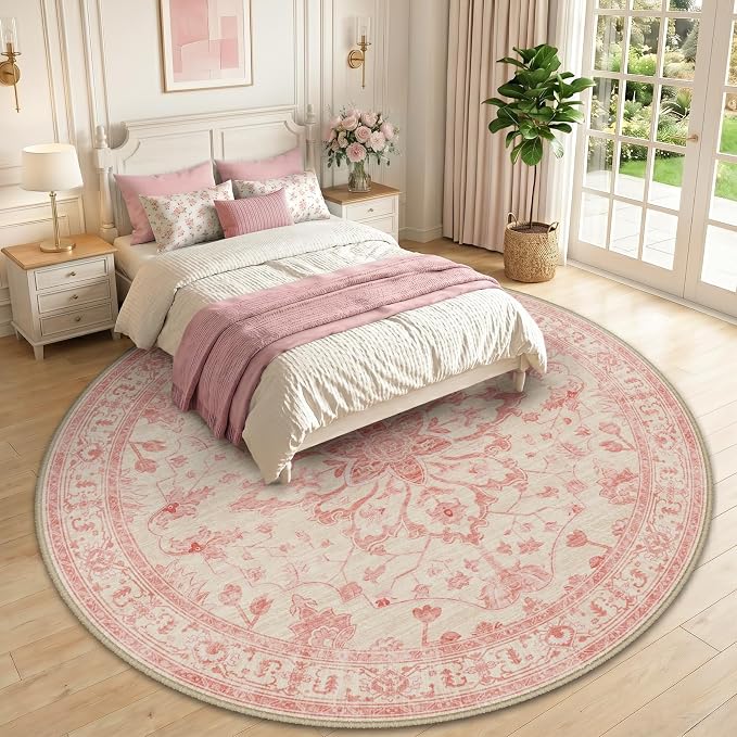 RELEANY Washable Area Rug, Round 10ft, Pink/Light Vintage Pink | Non-Slip, Water Repellent, Pet Friendly, Easy to Clean, Vintage Floral Boho Decor for Living Room Bedroom Dining Room