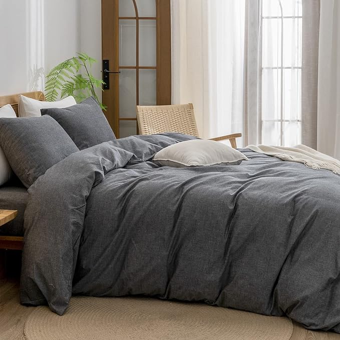 BESTOUCH Cotton Solid Duvet Cover Set Linen Feel Dark Black Queen | 100% Washed Cotton, Soft Wrinkle Texture, Hidden Zipper, 8 Ties, Breathable Lightweight Durable Comfy, 3 Pcs No Insert