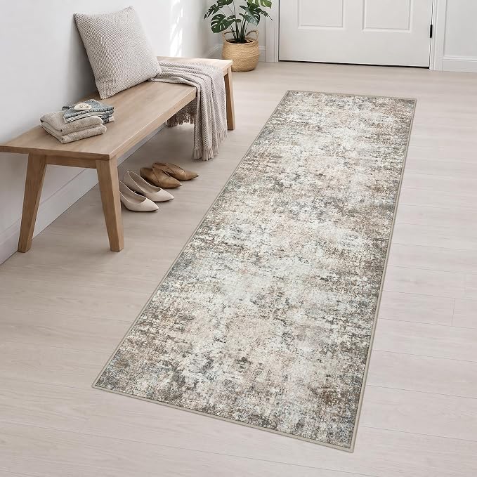 2.6x10 Washable Runner Rug:Modern Abstract Indoor Soft Carpet Brown | For Hallway, Bedroom, Kitchen, Laundry, Bathroom,Door Mat,Modern Abstract,Machine washable,Non-Slip,Stain Resistant,Indoor