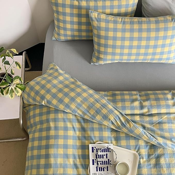 mixinni Plaid Duvet Cover Set Queen Yellow - Soft Washed Cotton Modern Geometric Bedding Set with 2 Pillowcases, Blue Green Gingham Grid Queen Duvet Cover for Men & Women, Soft & Lightweight