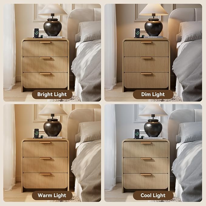 24" 3 Drawers Fluted Nightstand Set of 2, Natural Oak | 3 Drawers Bedside Table, Metal Handles & Charging Station, Curved Profile End Table for Bedroom