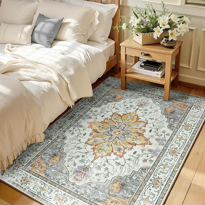 RELEANY Washable Area Rug, 3'x5', Beige/Carbon Grey/Orange | Non-Slip, Water Repellent, Pet Friendly, Easy to Clean, Vintage Floral Boho Decor for Living Room Bedroom Beside Kitchen
