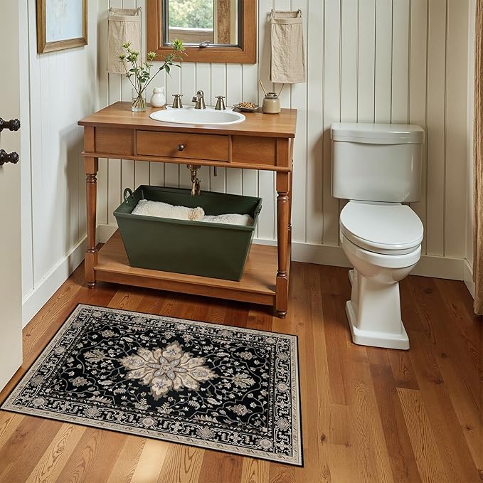 RELEANY Washable Area Rug, Small 2'x3', Black/Neutral | Non-Slip, Water Repellent, Pet Friendly, Easy to Clean, Vintage Floral Boho Decor for Kitchen Entryway Bathroom