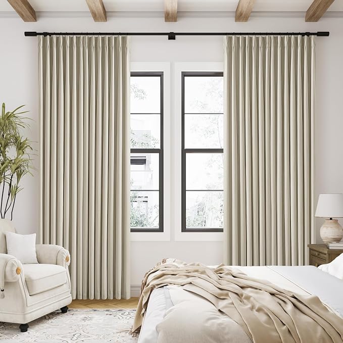 Burlywood Birch 100% Blackout Pinch Pleated Linen Curtains 95 Inches Long | Insulated Thermal Heat Reducing, Memory Shape, for Bedroom Living Room, Taupe Pleated Curtains with Hooks Rings, 2 Panels