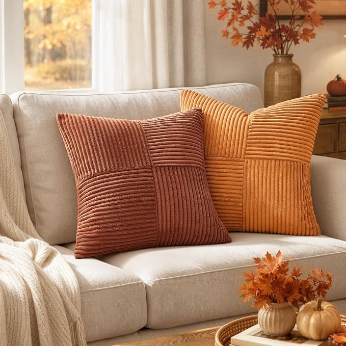 MIULEE Fall Rust Decorative Lumbar Throw Pillow Covers 14x22 Inch 2 Pack | Boho Farmhouse Pillow Covers, Soft Cross Corduroy Patchwork Textured Cushion Cases For Bed Sofa