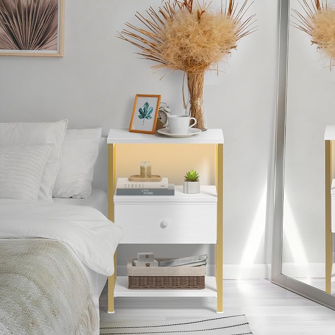 BOLUO White and Gold Nightstand with Charging Station, LED Night Stand with Fabric Drawers and Shelf, Bedside Table with USB Ports and Outlets, Bedroom Nightstand Modern