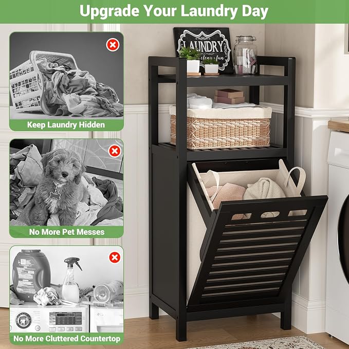 Homykic Tilt Out Laundry Hamper Cabinet, 10 Gal Bamboo Laundry Organizer | Wooden Laundry Basket with Removable Bag, Hidden Hamper with Shelf for Clothes, Bathroom, Laundry Room, Space Saving, Black