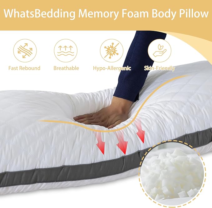 WhatsBedding Memory Foam Body Pillow with Cover, Long Bed Pillow for Adults | Breathable Removable Pillowcase, Skin-friendly, Medium-firm for Side Sleepers, Large Size Fits All
