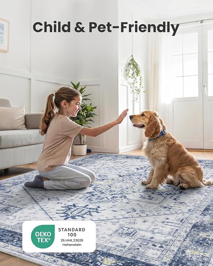 AMADA HOMEFURNISHING Washable Area Rug, Low-Profile Large Area Rug with Non-Slip Backing & Durable Edge Binding, Vintage Large Rugs for Living Room, Bedroom, Dinning Room, 8x10, Navy Blue/White