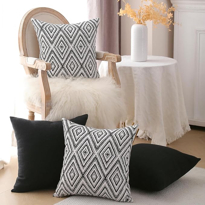 HPUK Throw Pillow Covers 18x18, 4 Pack, Black Textured Couch Pillow Covers | Polyester fabric, patterned and solid designs, hidden zippers, machine washable, for sofas and beds, inserts not included
