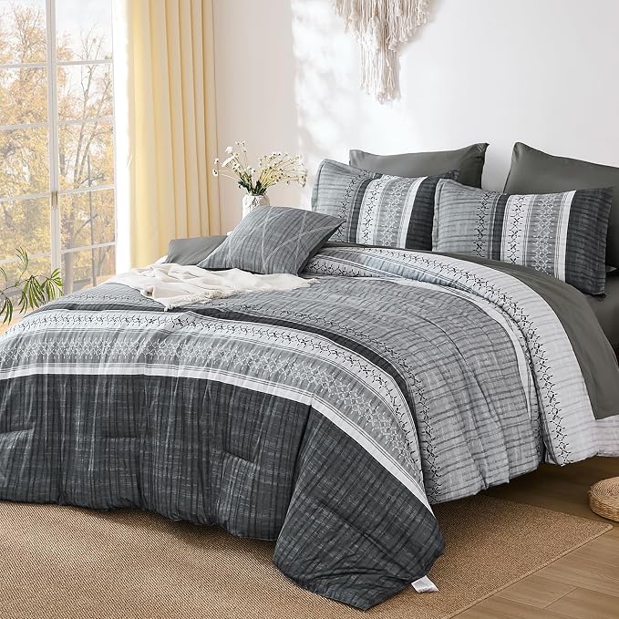 Dintszyayue Grey Queen Comforter Size Set, 8 Pieces Striped Texture Bed in a Bag Bedding Sets, Lightweight Soft Comforter and Sheet Set, All Season Microfiber Teen Boys Bedding Sets for Men Women