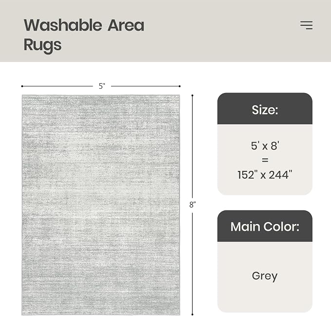5x8 Area Rug Non Slip, Large Washable Rugs for Living Room, Grey | Soft Low Pile, Thin & Lighweight Carpet, Folable Stain Resistant Modern Indoor Floor Mat for Bedroom, Dining Room, Home Decor