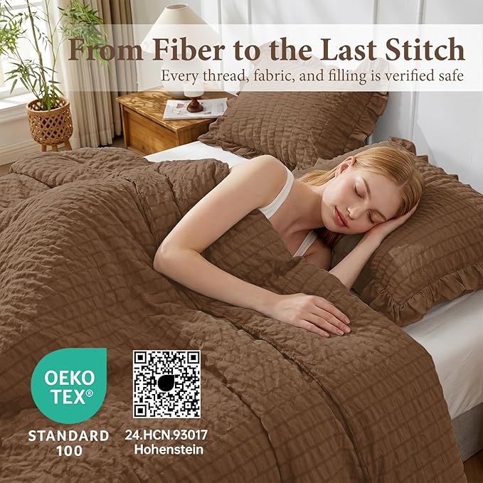 JOLLYVOGUE Oak Brown Twin/Twin XL Comforter Set, 2 Pieces Seersucker Lightweight Fluffy Bedding Set, Twin Ruffle Comforter, All Season Soft Microfiber Shabby Chic Bed Set