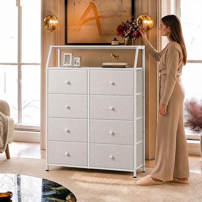 WLIVE Cream Boucle 8-Drawer Fabric Dresser Storage Tower Bedroom | Boucle fabric 8-drawer dresser with open shelves, stylish nursery dresser for baby girl room kids bedroom closet storage