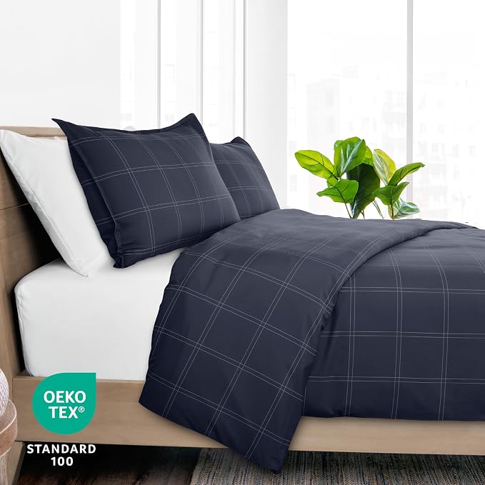 Bare Home Duvet Cover Set Twin/Twin XL, Modern Plaid - Midnight Blue/White | 1800 Ultra-Soft, Lightweight, Cooling, Breathable, Premium, All-Season