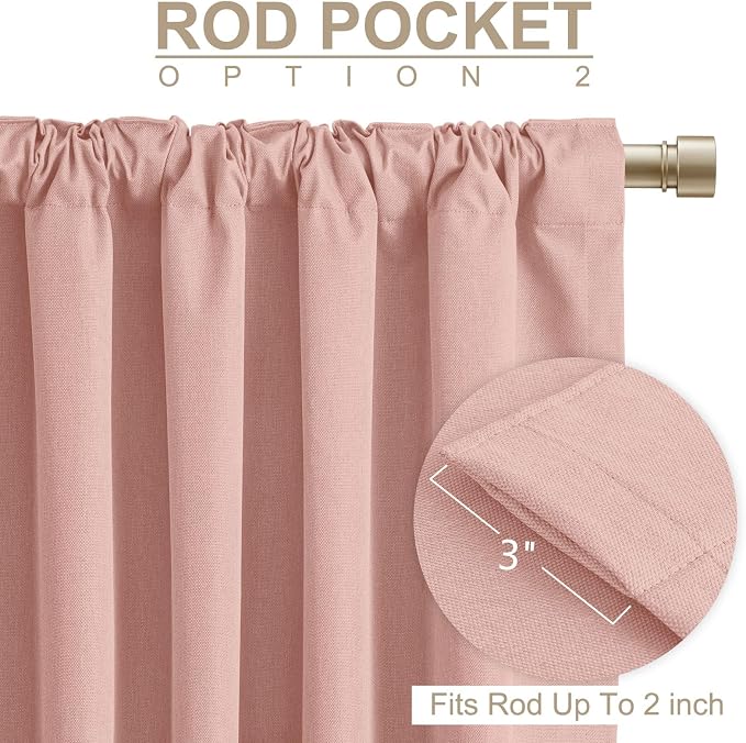 INOVADAY 100% Blackout Linen Curtains for Bedroom 50x102 Inches Blush Pink | Linen Textured, Light Blocking, Room Darkening, Thermal Insulated, Back Tab Top, Window Curtains for Living Room, 2 Panels