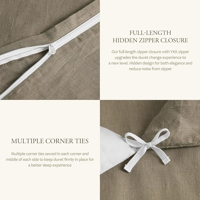 DAPU 100% French Linen Duvet Cover 3Pcs Set, 170GSM Linen Bedding, King | Soft Breathable All-Season for Hot sleepers, Corner Ties & Zipper Closure, French Linen Flax from Normandy, Gray Green