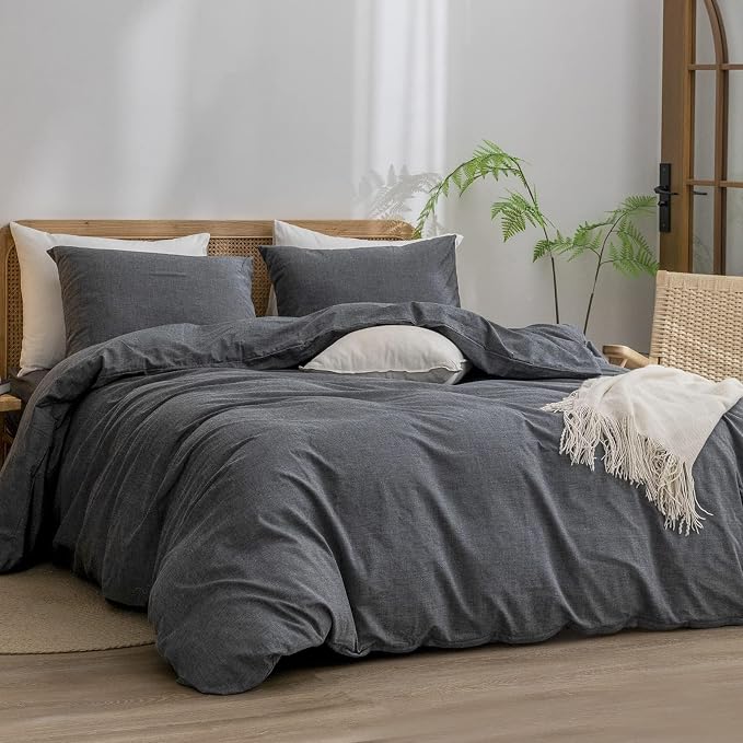 BESTOUCH Cotton Solid Duvet Cover Set Linen Feel Dark Black Alaska King | 100% Washed Cotton, Soft Wrinkle Texture, Hidden Zipper, 8 Ties, Breathable Lightweight Durable Comfy, 3 Pcs No Insert