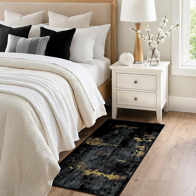 RELEANY Washable 2'x4' Abstract Area Rug for Living Room Black Gold | Carpet for Bedroom, Kitchen, Office, Hallway and Entryway, Printed Pattern, Non‑Slip, Soft, Stain‑Resistant, Easy to Clean