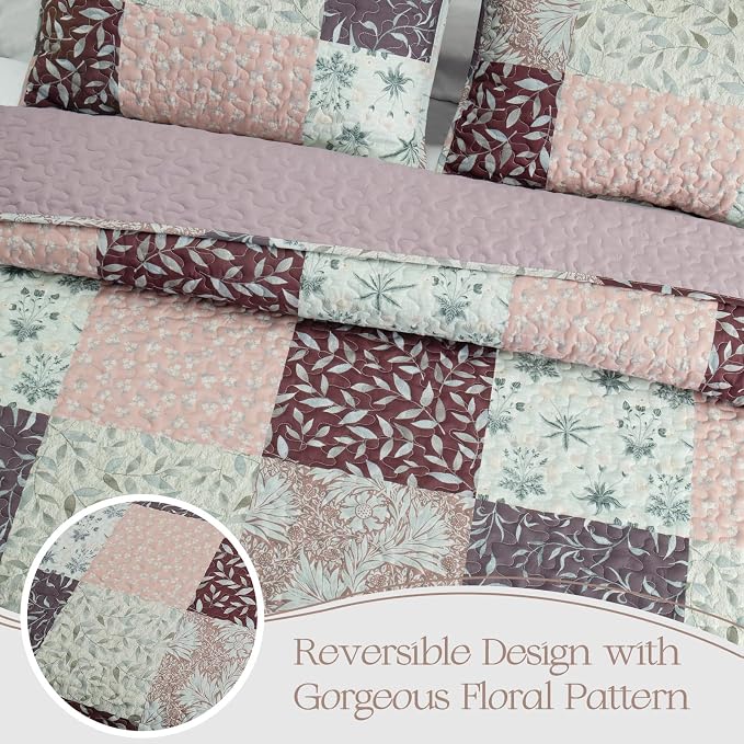 Exclusivo Mezcla Reversible Boho California King Quilt, Brown | Lightweight Soft Bedspreads, All Season Patchwork Coverlet Bedding Set, Printed Floral Pattern, 1 Quilt and 2 Pillow Shams