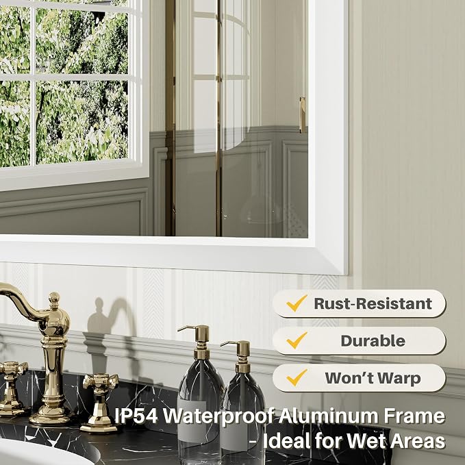 Bathroom Wall Mirror, White Metal Frame, 48x36 Inch | Anti-rust, HD tempered glass, for bathroom vanity, bedroom, living room, horizontal or vertical mount