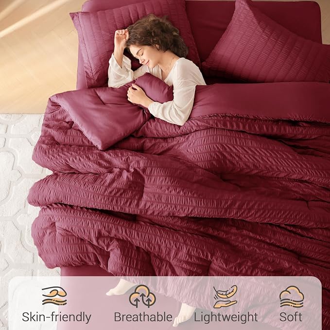7 Pieces Queen Comforter Set, Seersucker Bed in a Bag Queen Size, All Season Luxury Bedding Set with Comforter, Flat Sheet, Fitted Sheet, Pillowcases & Shams, Burgundy