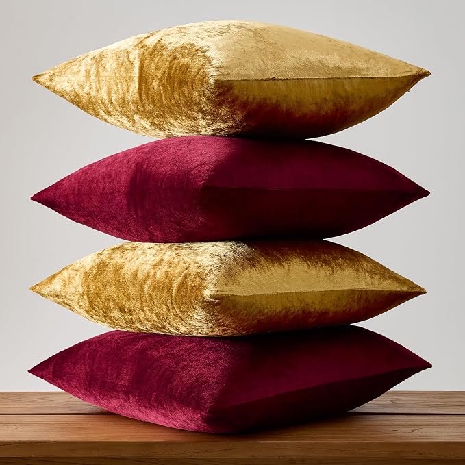 GIGIZAZA Pack of 4 Decorative Velvet Pillow Covers 18x18 Burgundy Gold | Throw Pillows for Couch Sofa,280gsm Soft Textured Fabric,Modern Accent Pillowcases,Luxury Living Room Cushion Covers