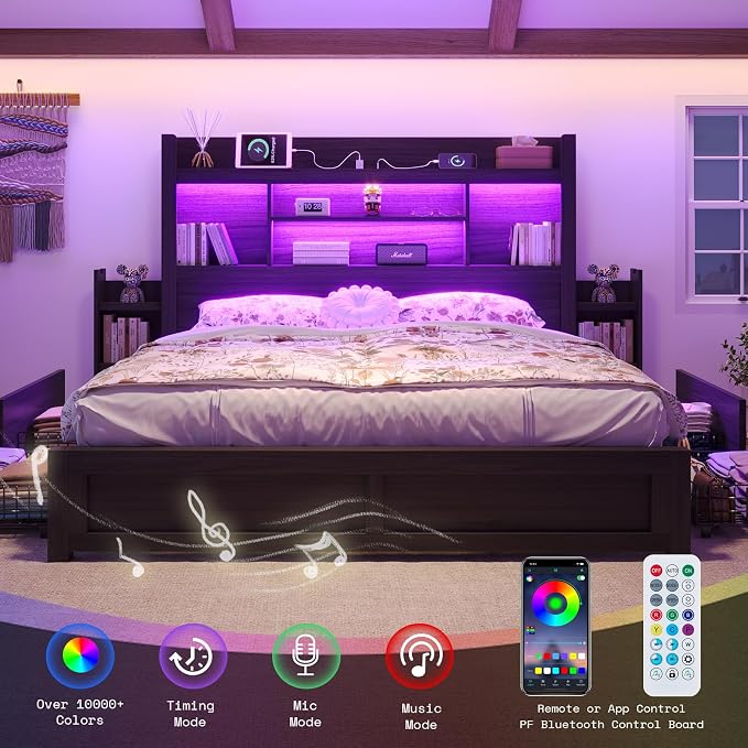 LUXOAK King Bed Frame with Storage, Bookcase Headboard, Black | 49.6" Headboard, Wood Platform Bed, Charging Station, Bedside Storage, 4 Storage Drawers, No Box Spring Needed, Farmhouse