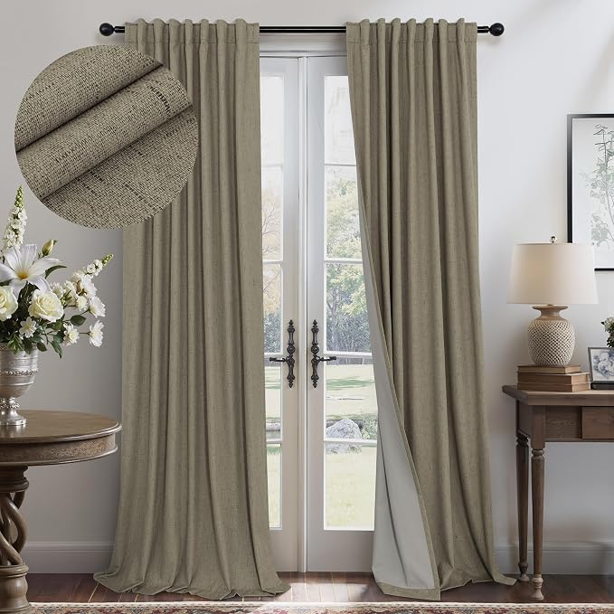 Dark Taupe Neutral Blackout Curtains 96 Inch Long 2 Panel Insulated Sliding Door Curtain UV Heat Blocking Drape for Living Room Bedroom Linen Cloth Canvas Burlap Primitive Decor Back Tab 52x96 Length