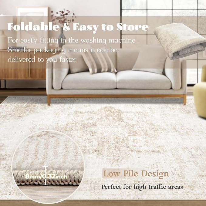 Area Rug 10x12 Washable Rug, Vintage Boho Medallion Rugs Non-Slip Soft Low Pile Large Distressed Rug Indoor Retro Carpet for Living Room Bedroom Dining Room Home Office (Beige, 10'x12')