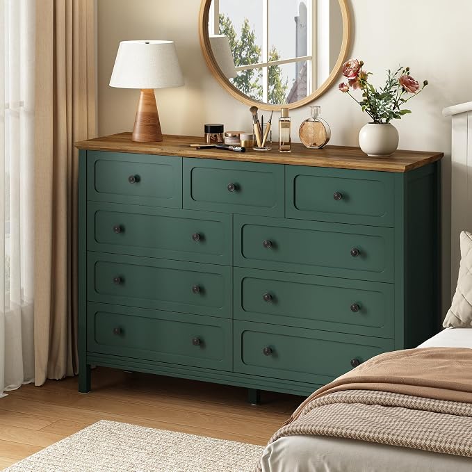 CARPETNAL 55" Green Dresser for Bedroom with 9 Drawer & Deep Drawers | Large Storage Modern Chest of Drawers with Metal Handles for Living Room, Hallway
