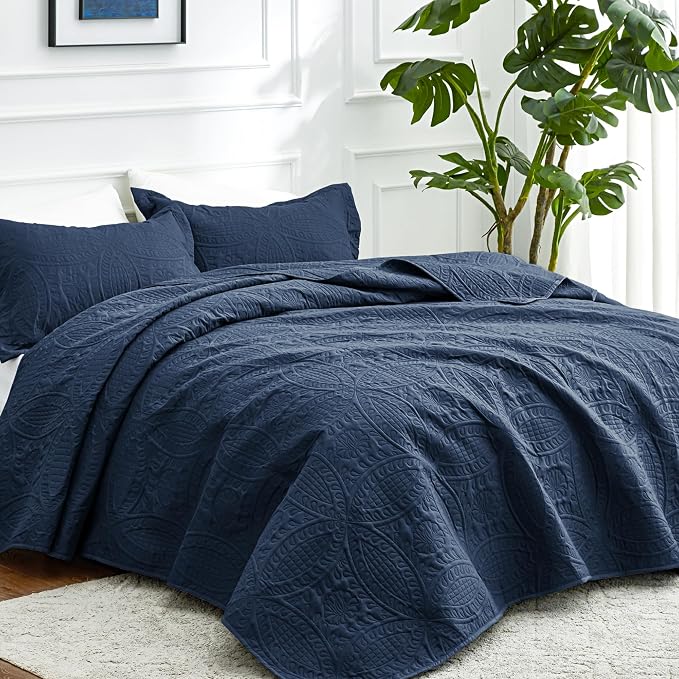 Love's cabin Quilts for Full Bed Navy Bedspreads Bedding Set - Summer Lightweight Bedspread Comforter - Coin Pattern Bedding Coverlet for All Season - 3 Pieces (1 Quilt, 2 Pillow Shams)