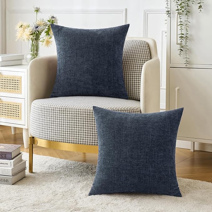 MIULEE Soft Chenille Throw Pillow Covers Dark Navy 20x20 Inch Pack of 2 | Modern Coastal Home Decor, Classic Decorative Pillows, Solid Dyed Cases, Boho Couch Cushion Covers for Sofa Bed Living Room